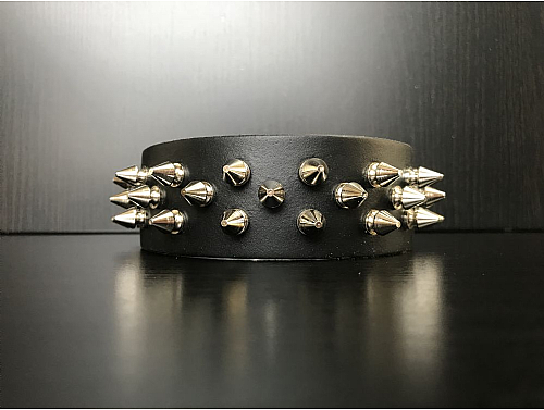 Black/3 Spike Studs - Leather Dog Collar - Size XL